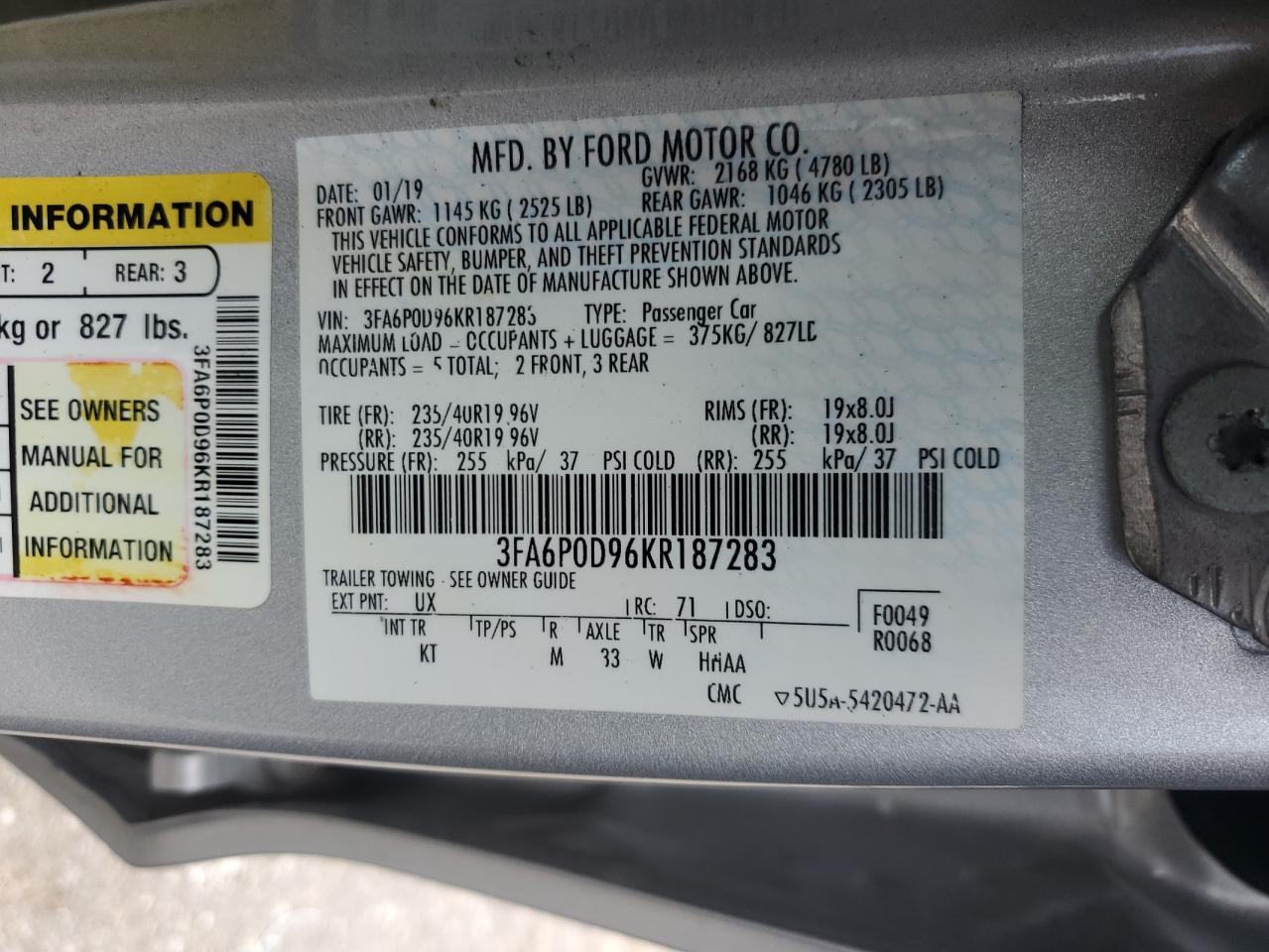 2019 Ford Fusion Titanium VIN: 3FA6P0D96KR187283 Lot: 89685365