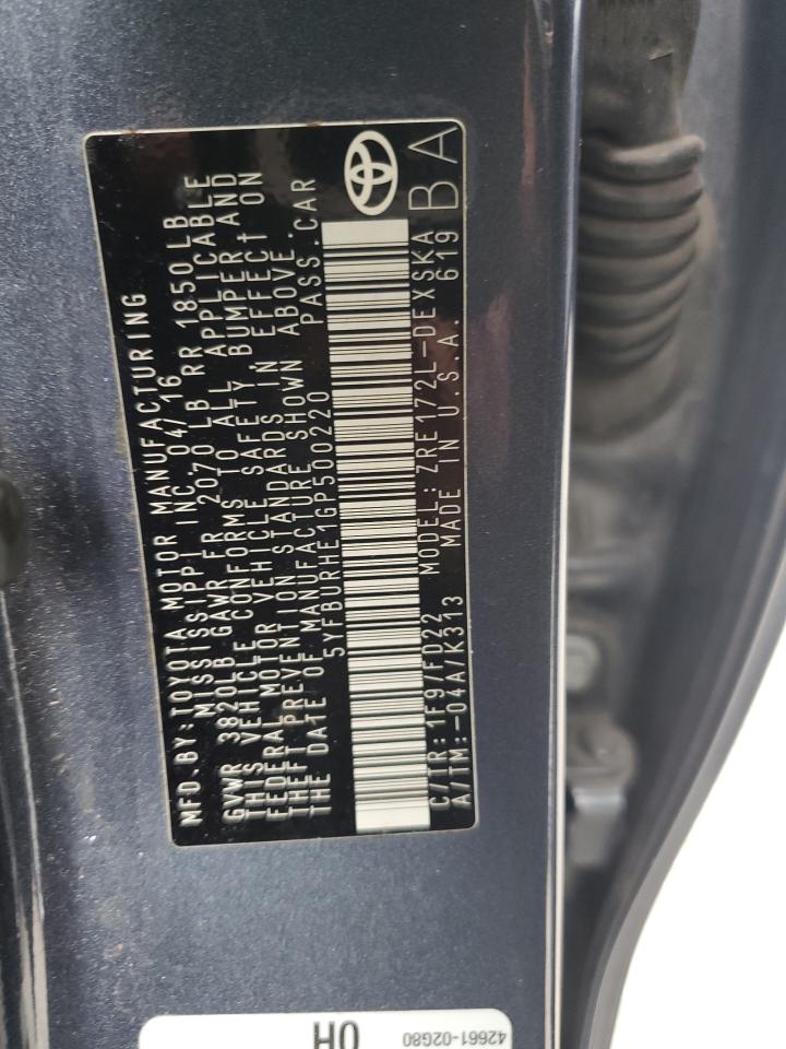 2016 Toyota Corolla L VIN: 5YFBURHE1GP500220 Lot: 85575295