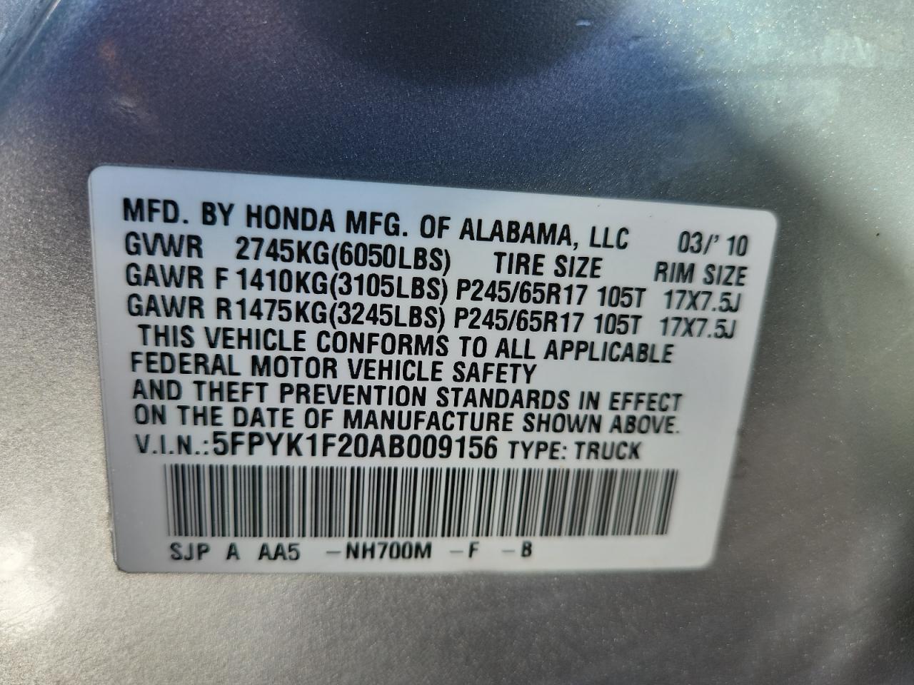 2010 Honda Ridgeline Rt VIN: 5FPYK1F20AB009156 Lot: 90376065