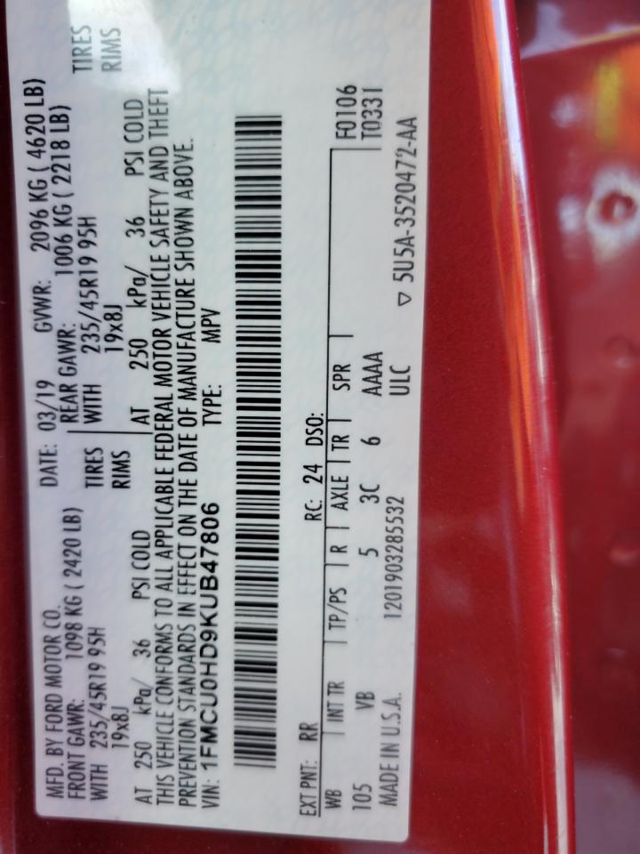 2019 Ford Escape Sel VIN: 1FMCU0HD9KUB47806 Lot: 81981745