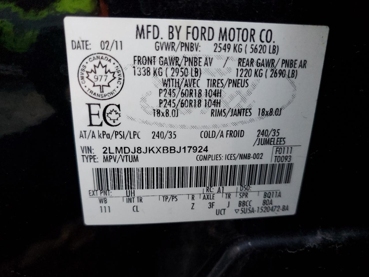 2011 Lincoln Mkx VIN: 2LMDJ8JKXBBJ17924 Lot: 85862295