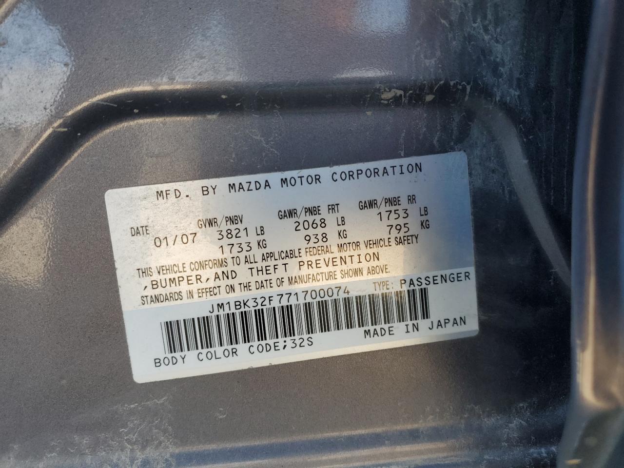 2007 Mazda 3 I VIN: JM1BK32F771700074 Lot: 86765175