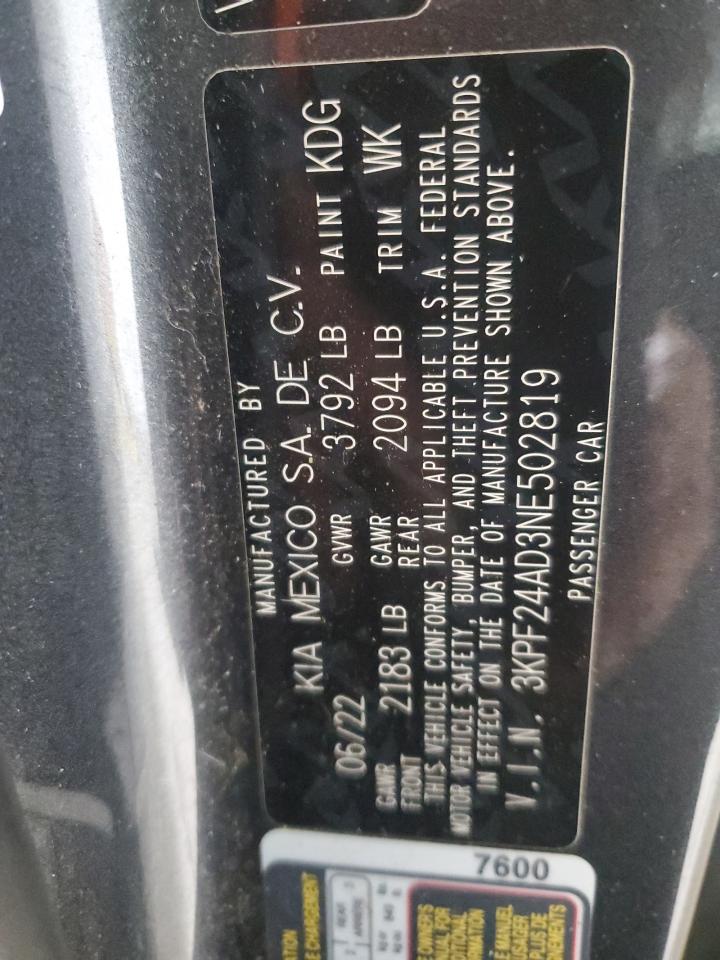 2022 Kia Forte Fe VIN: 3KPF24AD3NE502819 Lot: 90341805