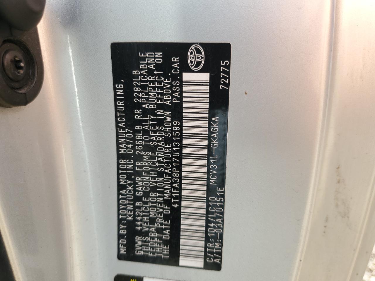 2007 Toyota Camry Solara Se VIN: 4T1FA38P17U131589 Lot: 87031595