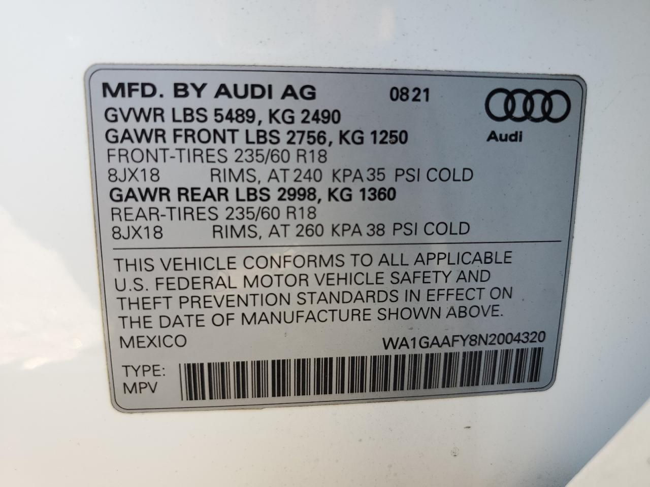 2022 Audi Q5 Premium 45 VIN: WA1GAAFY8N2004320 Lot: 84572875