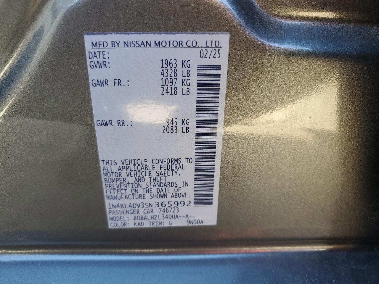 2025 Nissan Altima Sv VIN: 1N4BL4DV3SN365992 Lot: 84787585