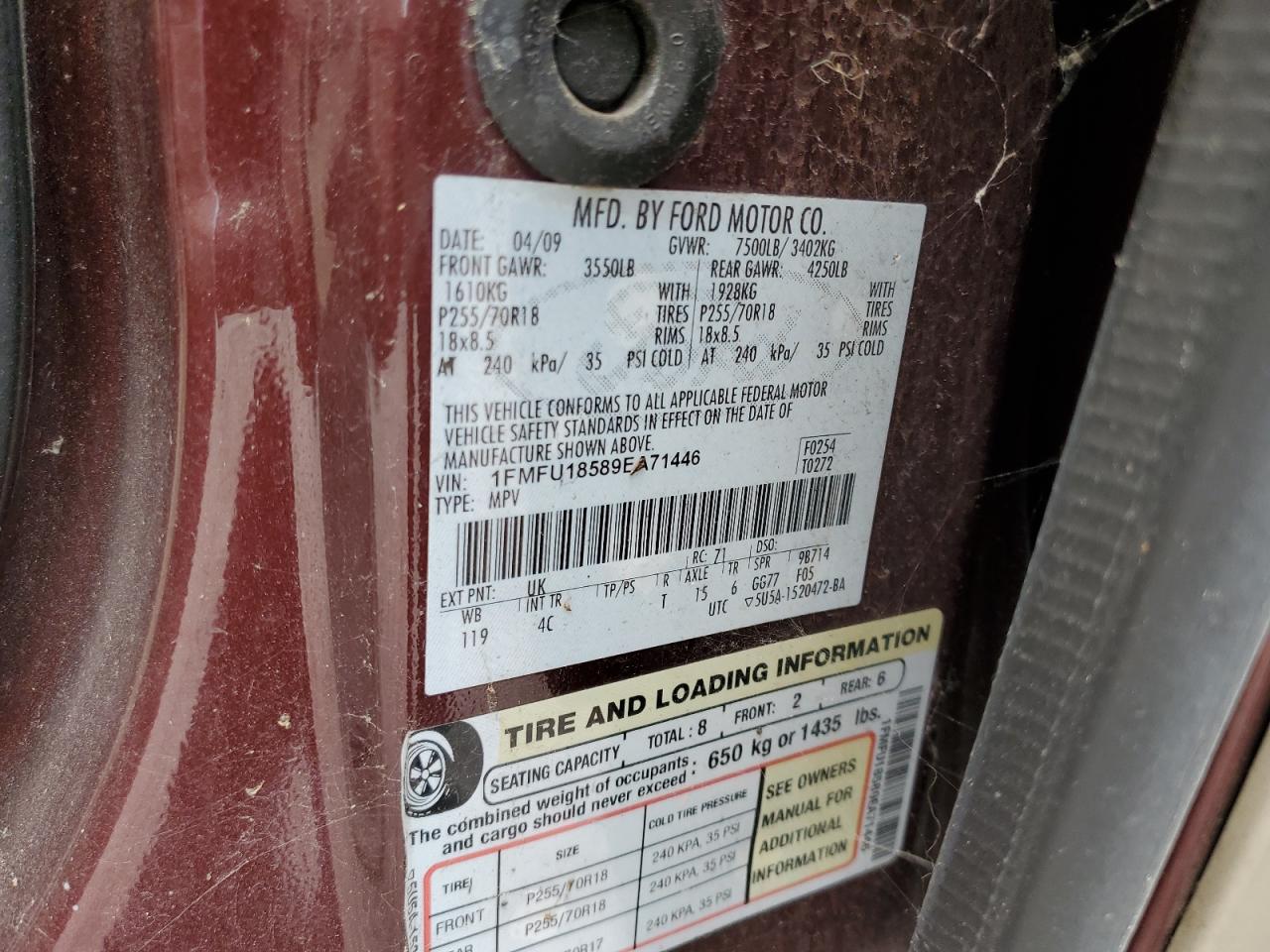 2009 Ford Expedition Eddie Bauer VIN: 1FMFU18589EA71446 Lot: 81629145