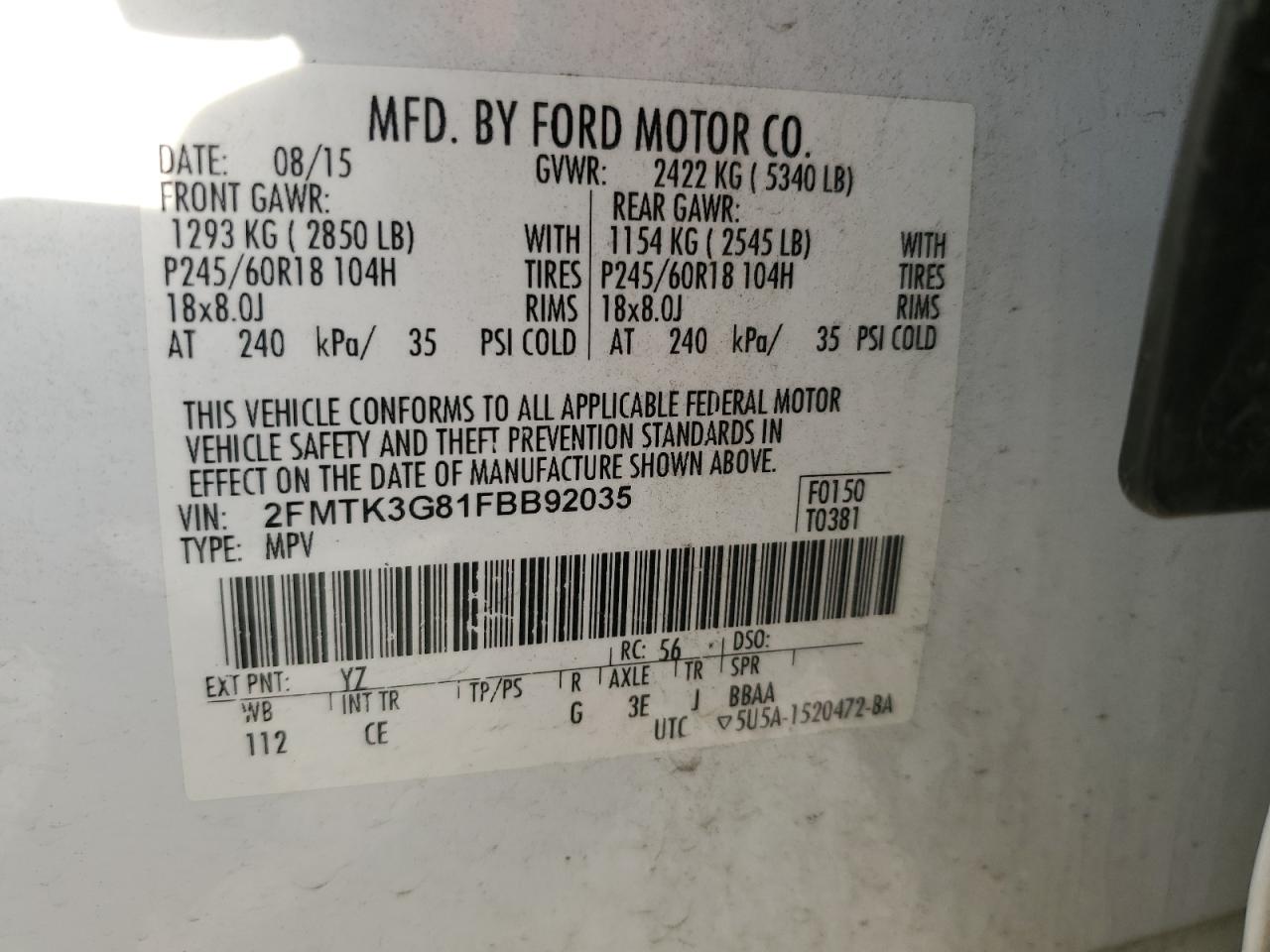 2015 Ford Edge Se VIN: 2FMTK3G81FBB92035 Lot: 85303015