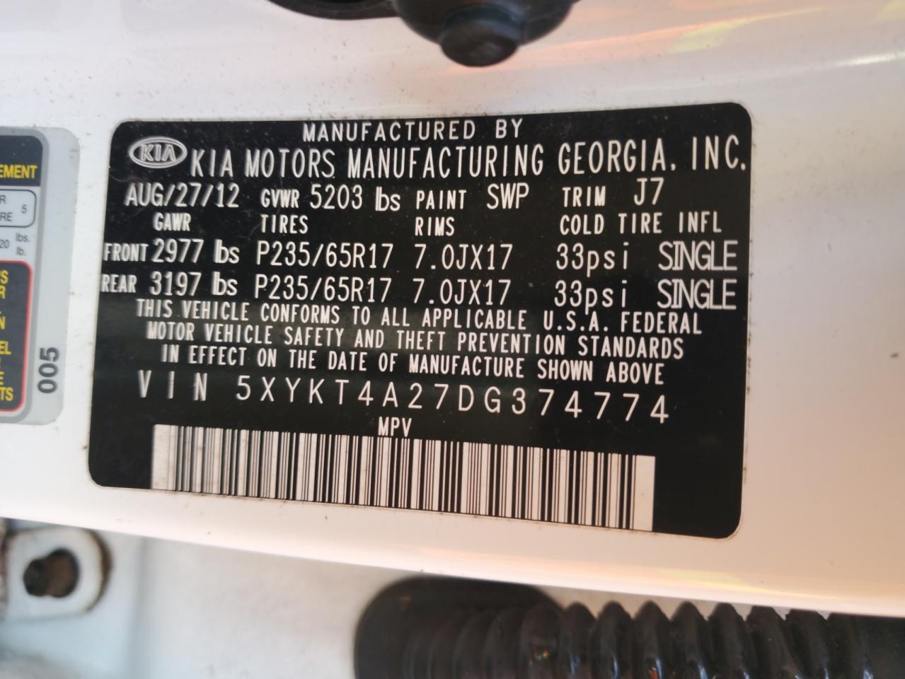 2013 Kia Sorento Lx VIN: 5XYKT4A27DG374774 Lot: 86133795