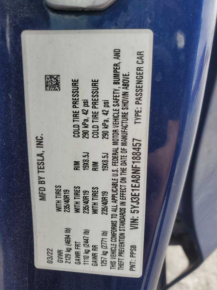 2022 Tesla Model 3 VIN: 5YJ3E1EA8NF188457 Lot: 90123475