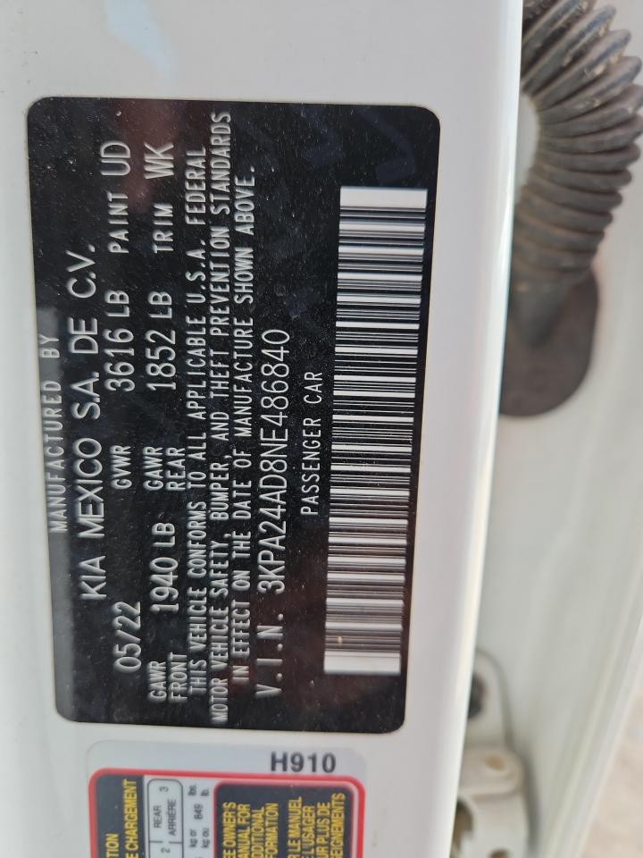 2022 Kia Rio Lx VIN: 3KPA24AD8NE486840 Lot: 86899985