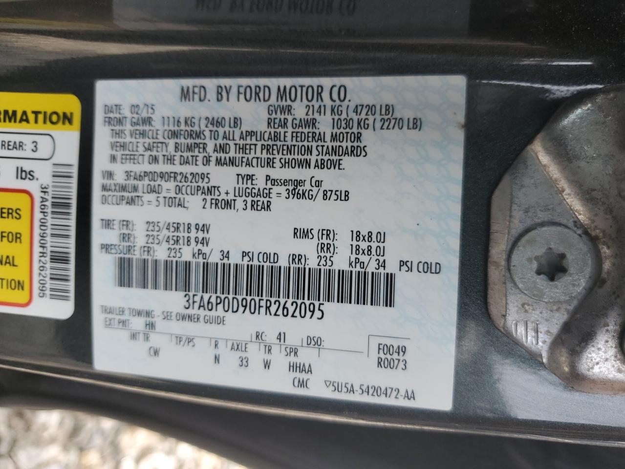 2015 Ford Fusion Titanium VIN: 3FA6P0D90FR262095 Lot: 84614255