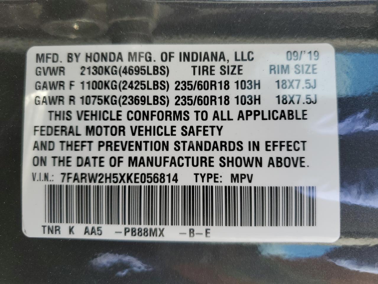2019 Honda Cr-V Ex VIN: 7FARW2H5XKE056814 Lot: 90982125