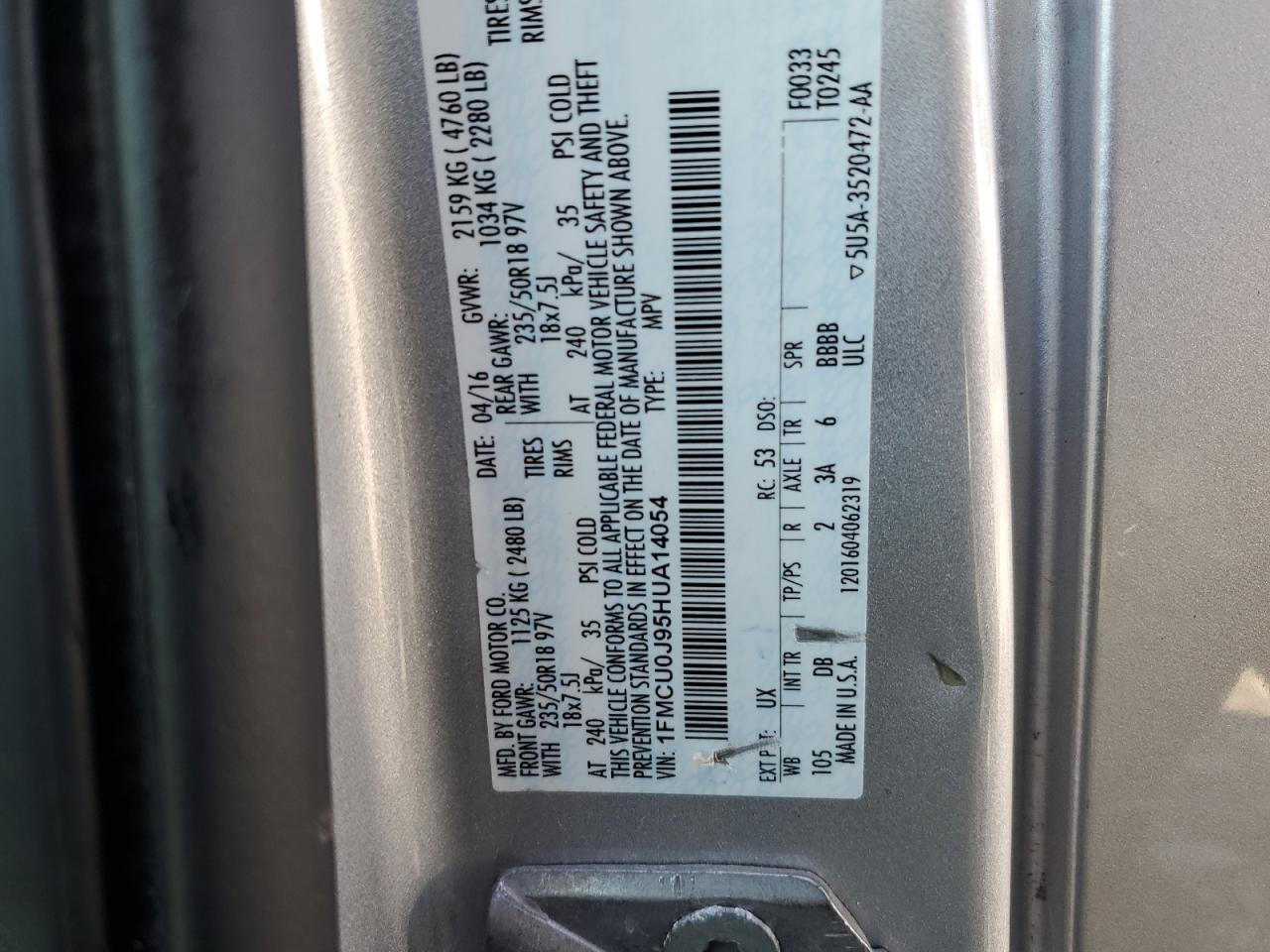 2017 Ford Escape Titanium VIN: 1FMCU0J95HUA14054 Lot: 91012485