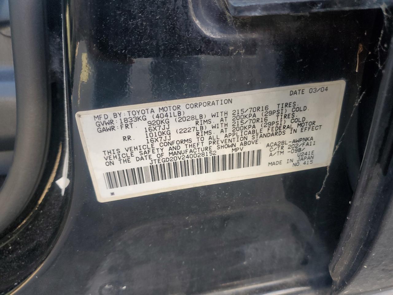 2004 Toyota Rav4 VIN: JTEGD20V240028152 Lot: 85304845