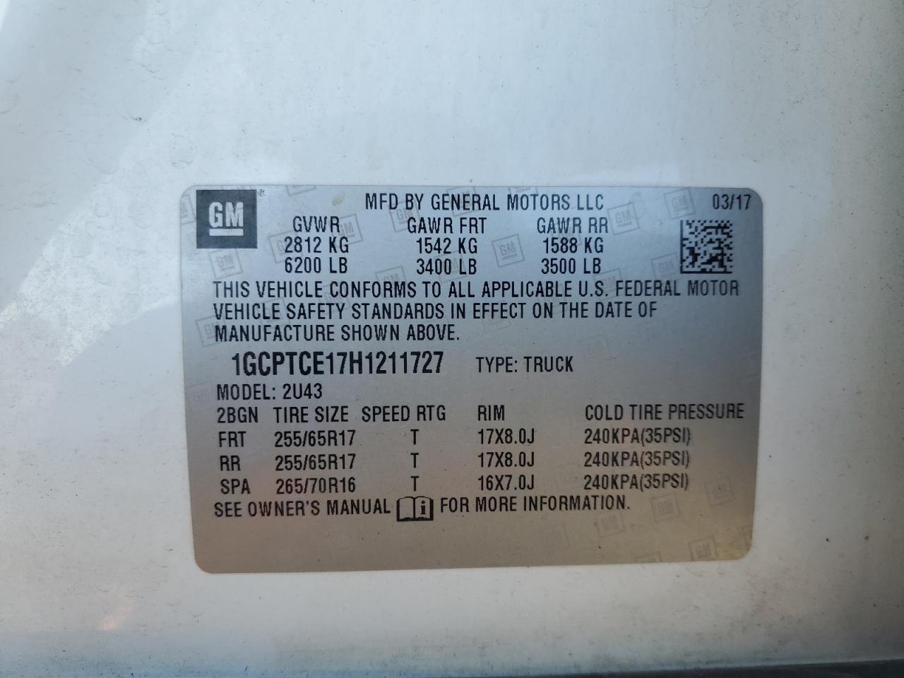 2017 Chevrolet Colorado Lt VIN: 1GCPTCE17H1211727 Lot: 82341295