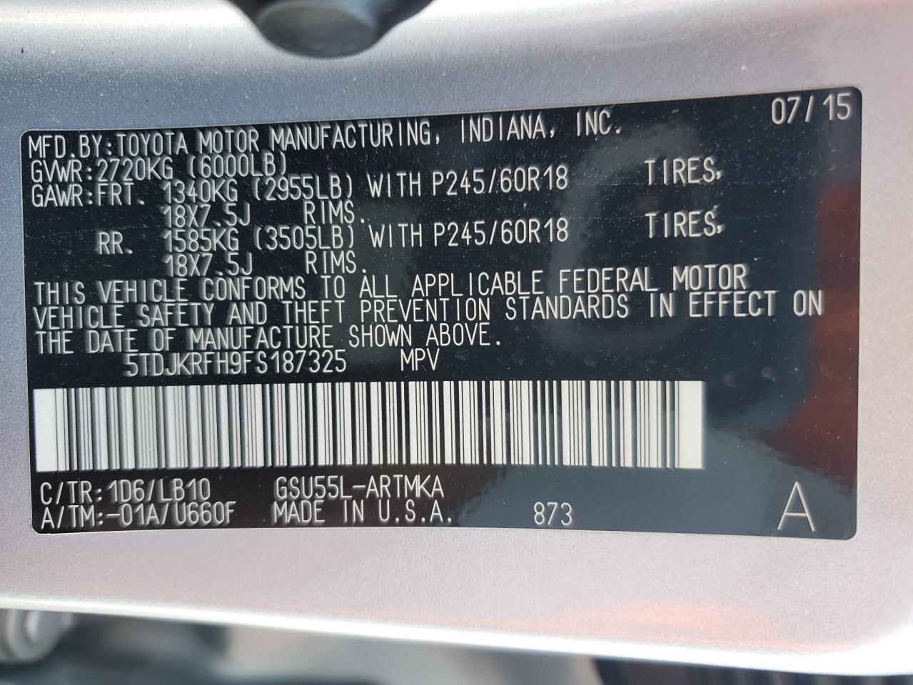 2015 Toyt Highlander VIN: 5TDJKRFH9FS187325 Lot: 86814425