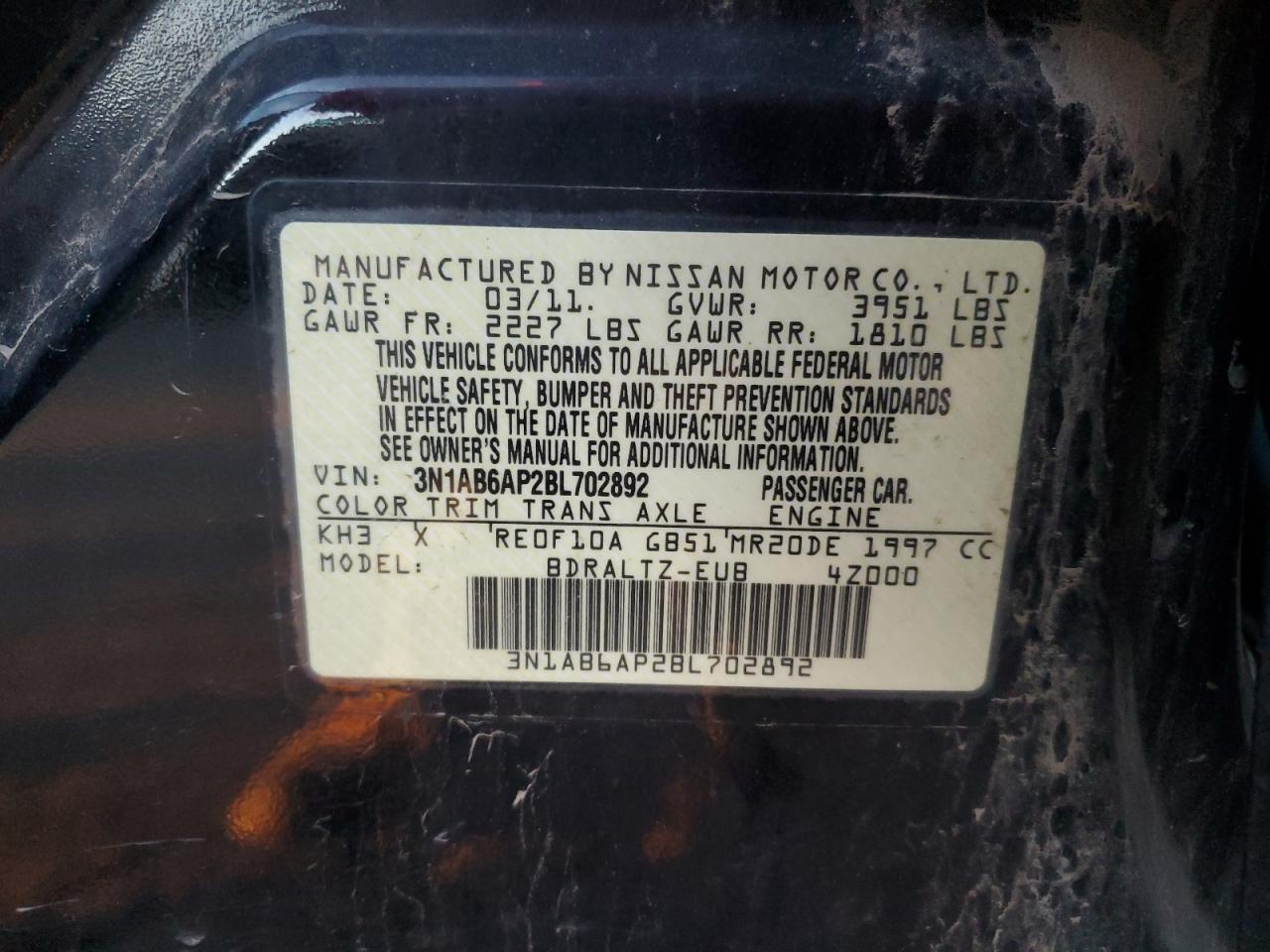 2011 Nissan Sentra 2.0 VIN: 3N1AB6AP2BL702892 Lot: 83991515