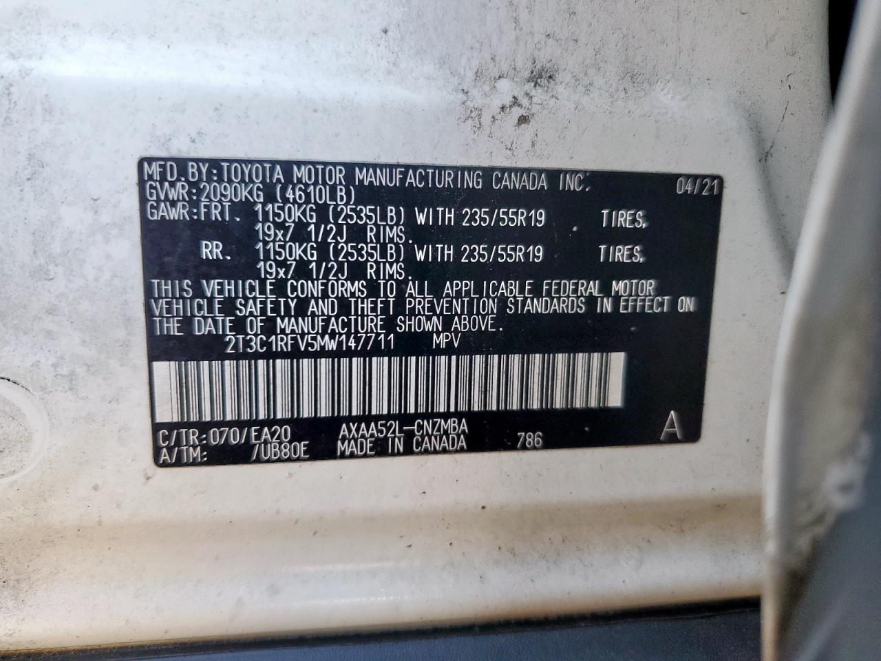 2021 Toyota Rav4 Xle Premium VIN: 2T3C1RFV5MW147711 Lot: 90478835