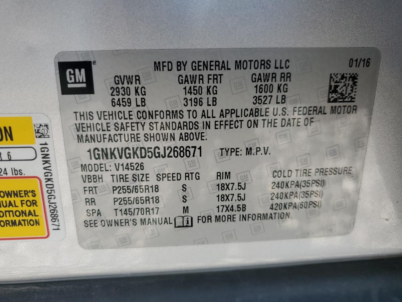 2016 Chevrolet Traverse Lt VIN: 1GNKVGKD5GJ268671 Lot: 82348565