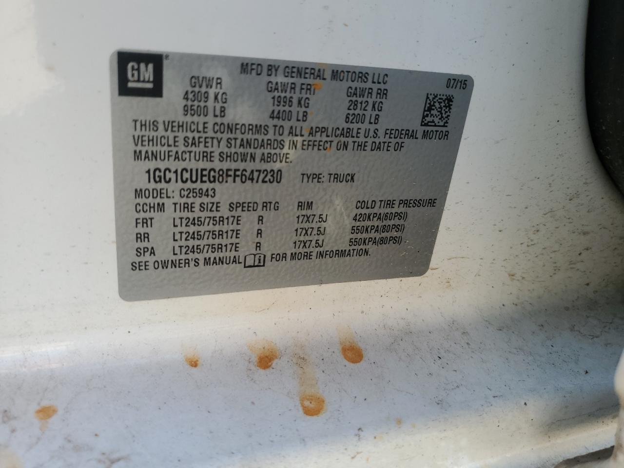 2015 Chevrolet Silverado C2500 Heavy Duty VIN: 1GC1CUEG8FF647230 Lot: 84731305