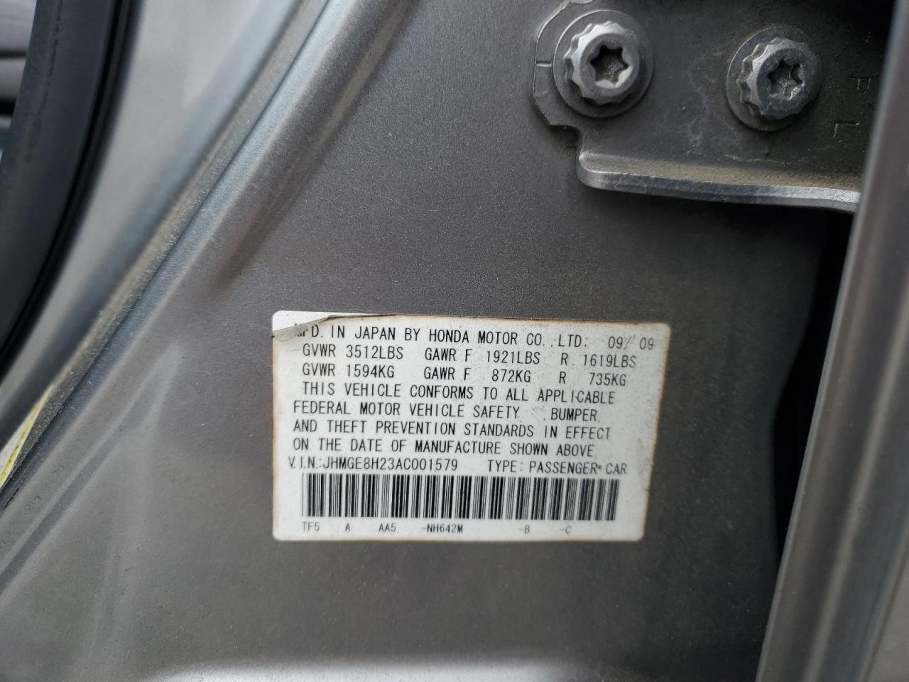 2010 Honda Fit VIN: JHMGE8H23AC001579 Lot: 90430595