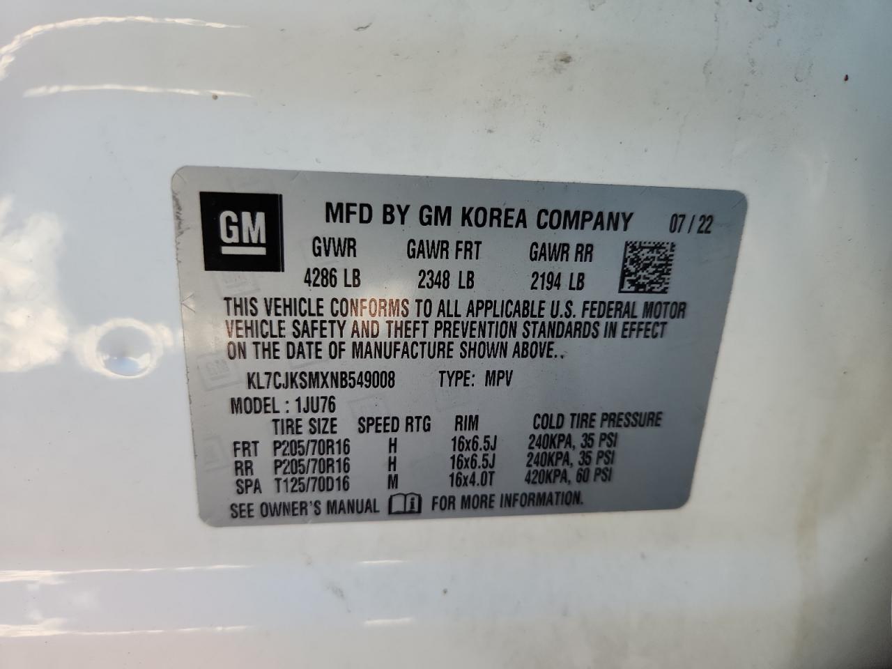 2022 Chevrolet Trax Ls VIN: KL7CJKSMXNB549008 Lot: 86834905