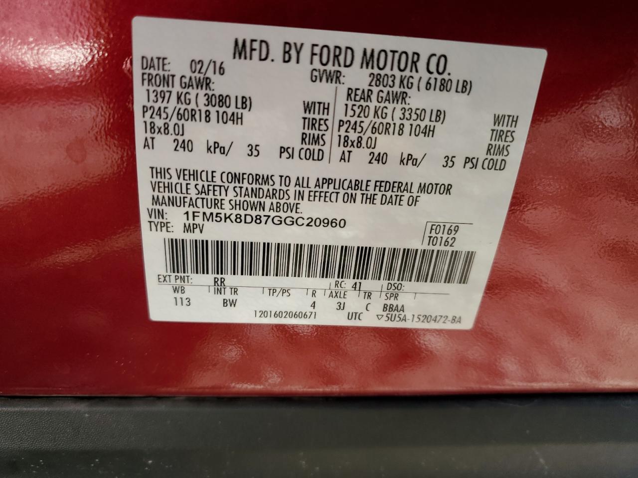 2016 Ford Explorer Xlt VIN: 1FM5K8D87GGC20960 Lot: 84742945