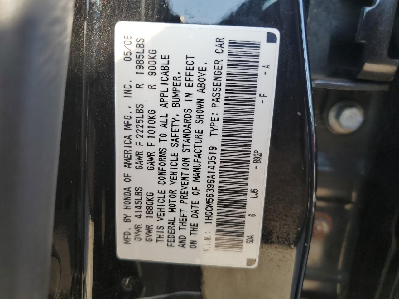 2006 Honda Accord Se VIN: 1HGCM56396A140519 Lot: 85285825