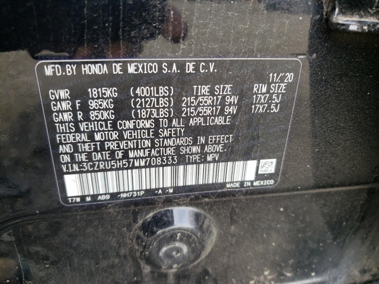 2021 Honda Hr-V Ex VIN: 3CZRU5H57MM708333 Lot: 81991335