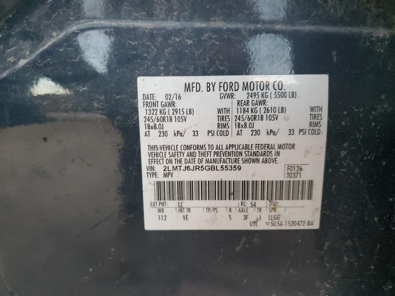 2016 Lincoln Mkx Premiere VIN: 2LMTJ6JR5GBL55359 Lot: 84894875