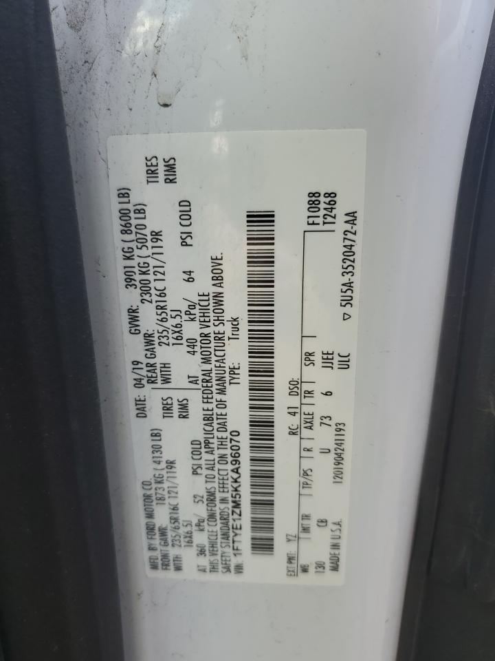 2019 Ford Transit T-150 VIN: 1FTYE1ZM5KKA96070 Lot: 86641305