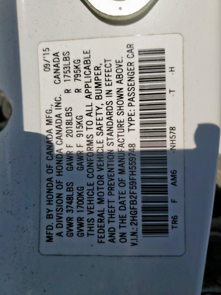 2015 Honda Civic Lx VIN: 2HGFB2F59FH559748 Lot: 85190655