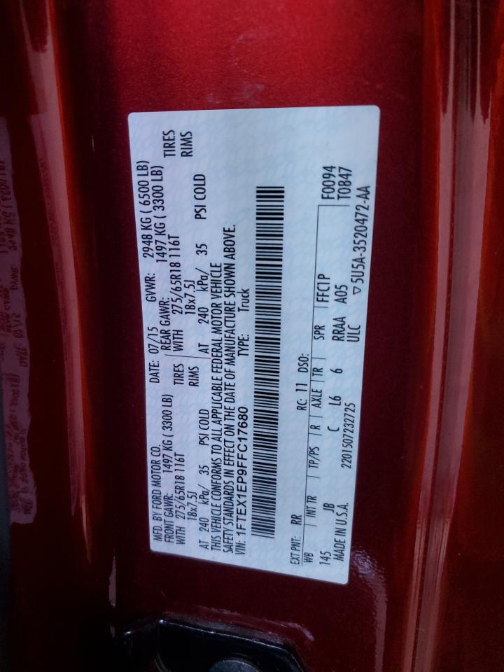 2015 Ford F150 Super Cab VIN: 1FTEX1EP9FFC17680 Lot: 90326145