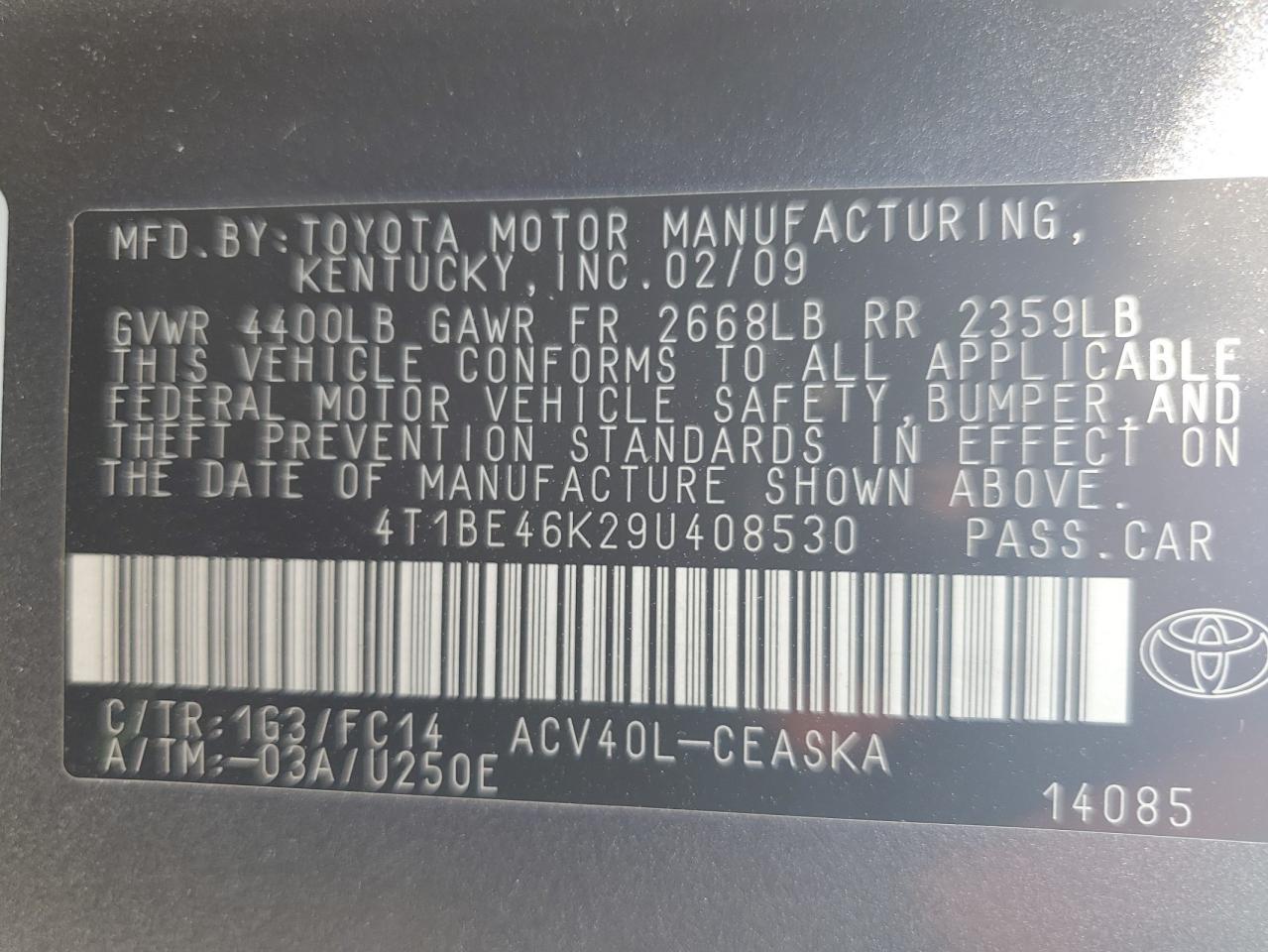 2009 Toyota Camry Base VIN: 4T1BE46K29U408530 Lot: 84278835