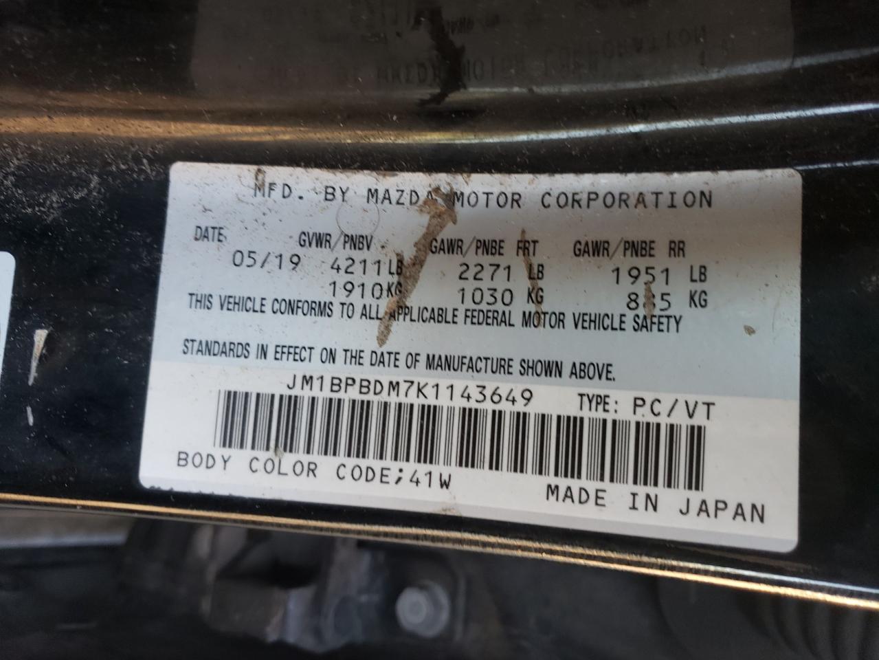 2019 Mazda 3 Preferred VIN: JM1BPBDM7K1143649 Lot: 84560985