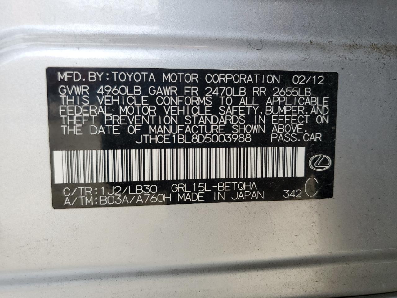 2013 Lexus Gs 350 VIN: JTHCE1BL8D5003988 Lot: 81870915