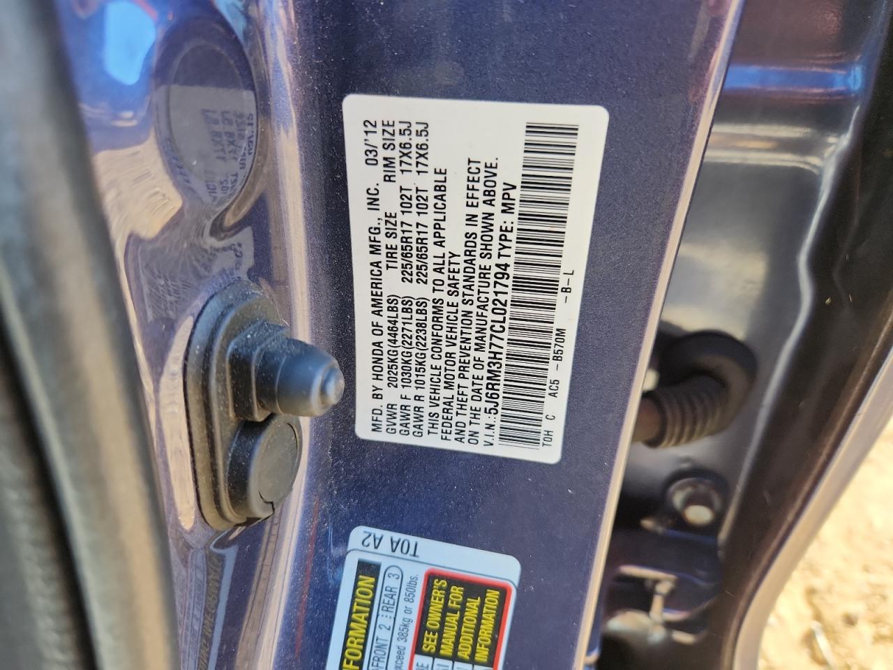 2012 Honda Cr-V Exl VIN: 5J6RM3H77CL021794 Lot: 87065885