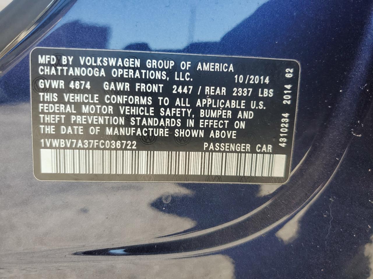 2015 Volkswagen Passat Se VIN: 1VWBV7A37FC036722 Lot: 86483675