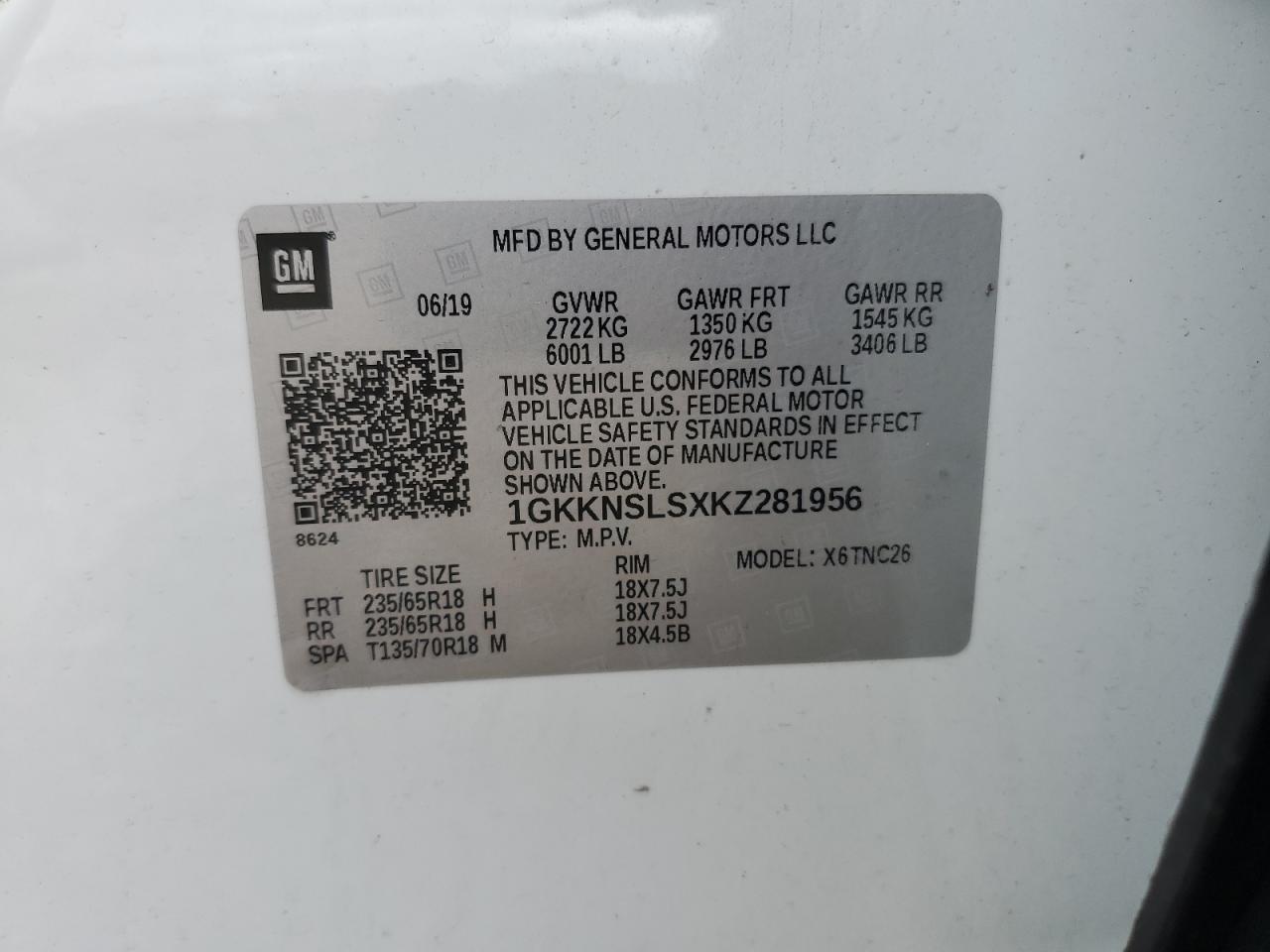 2019 GMC Acadia Sle VIN: 1GKKNSLSXKZ281956 Lot: 89505095