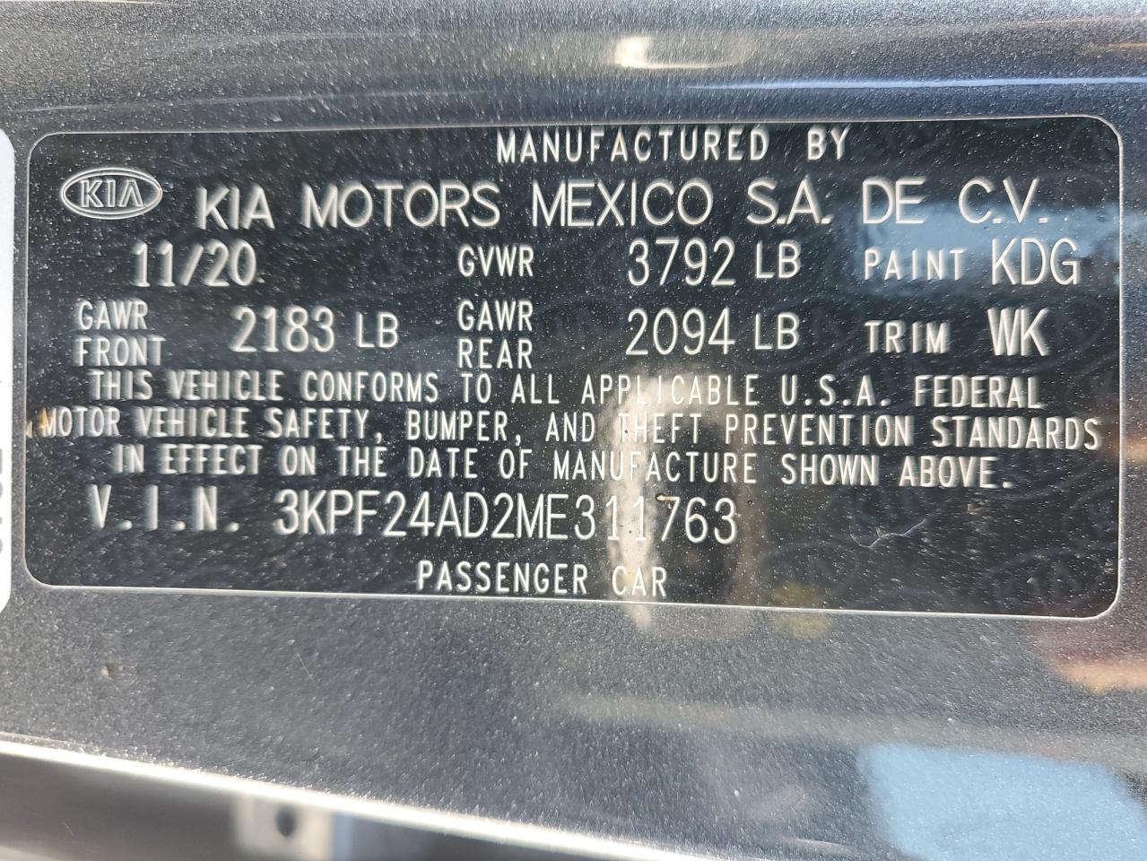 2021 Kia Forte Fe VIN: 3KPF24AD2ME311763 Lot: 89688185