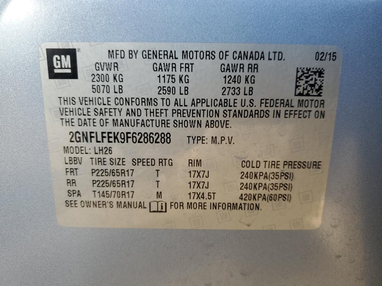 2015 Chevrolet Equinox Lt VIN: 2GNFLFEK9F6286288 Lot: 84929935
