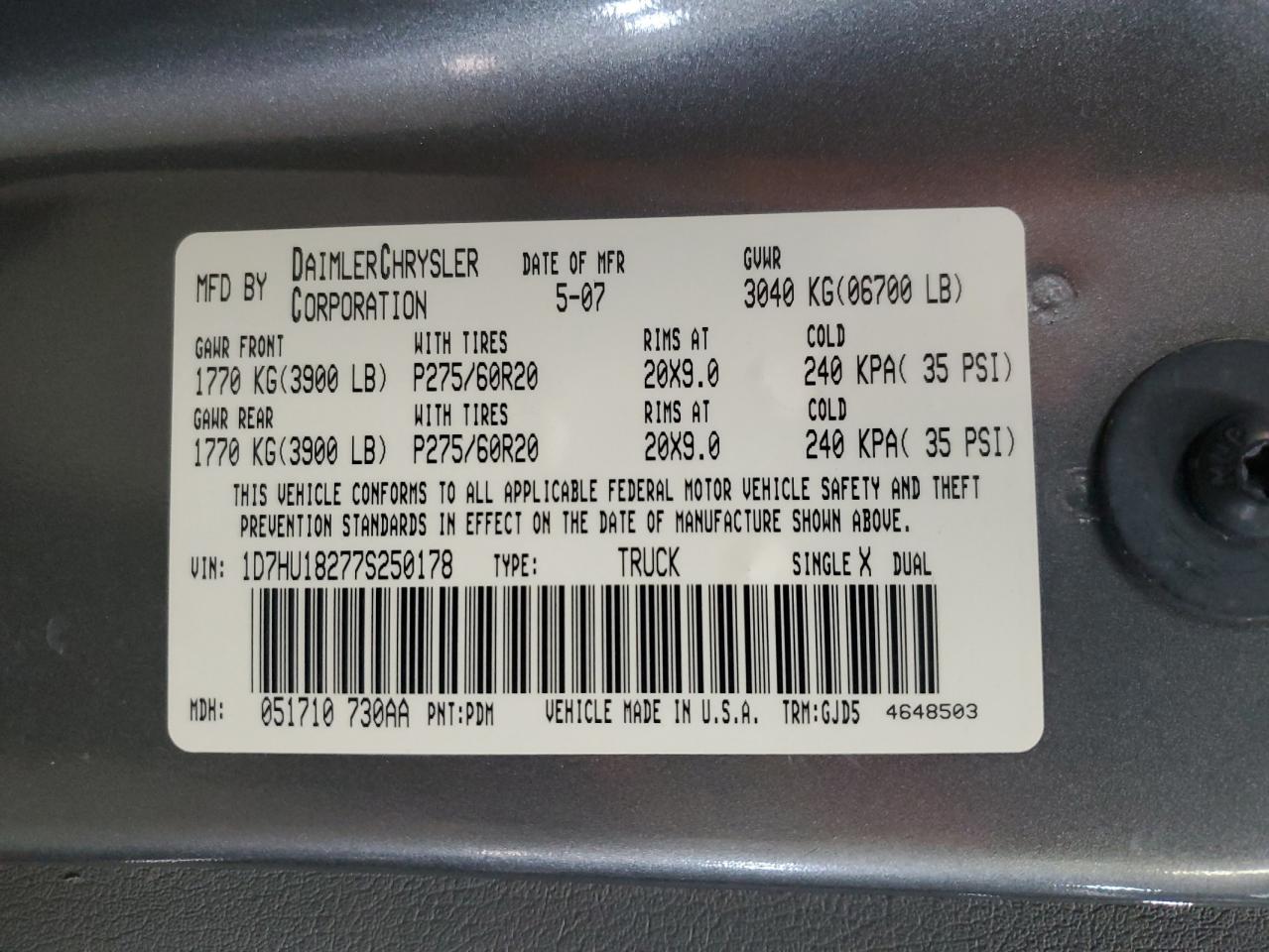 2007 Dodge Other VIN: 1D7HU18277S250178 Lot: 82500885