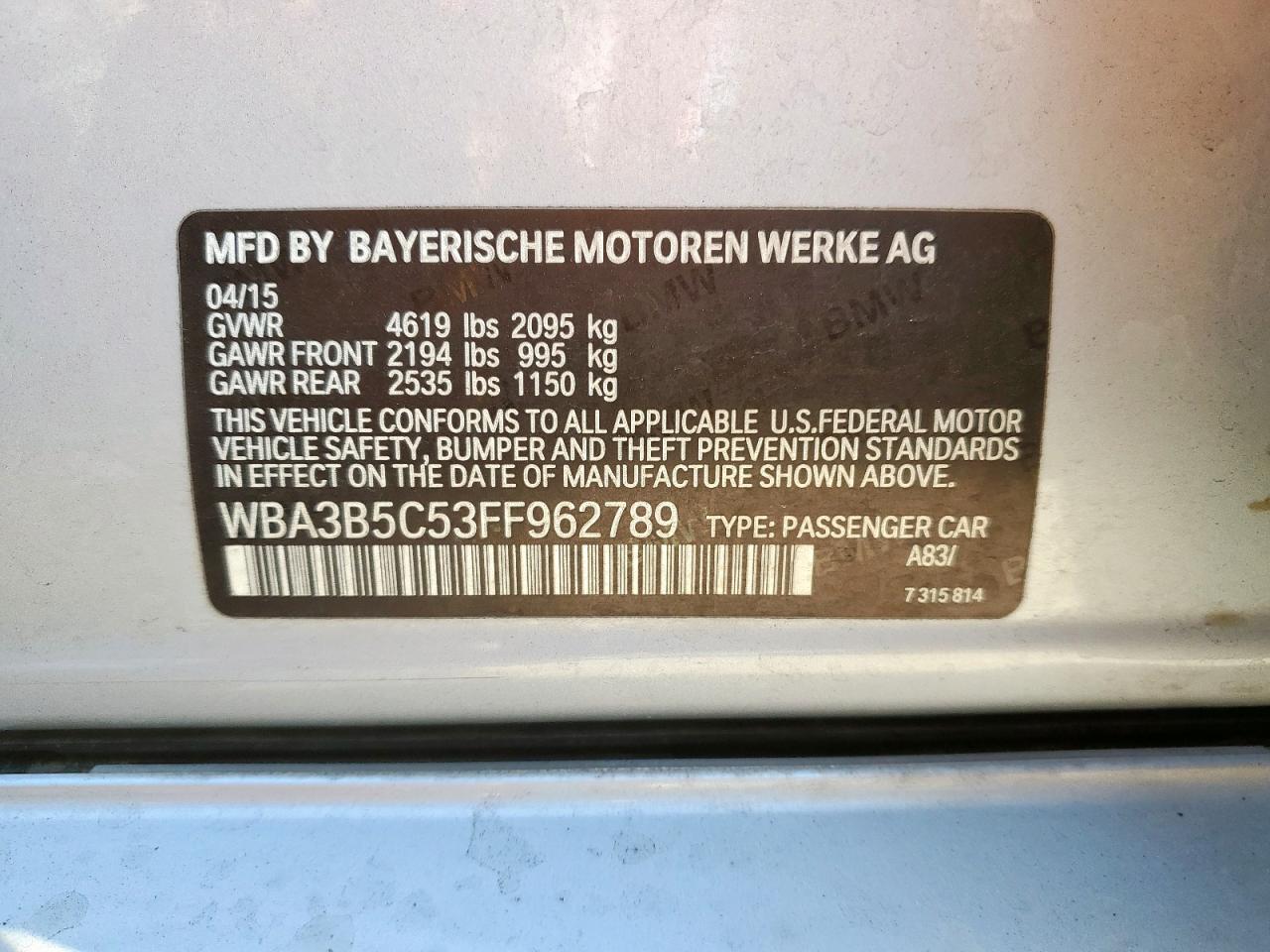 2015 BMW 328 Xi Sulev VIN: WBA3B5C53FF962789 Lot: 84353185