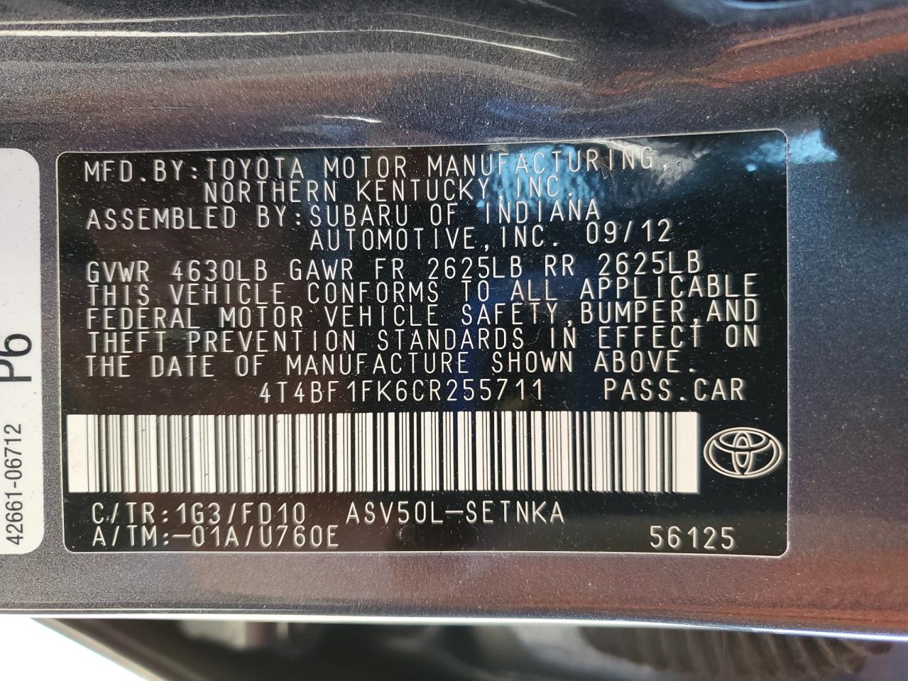 2012 Toyota Camry Base VIN: 4T4BF1FK6CR255711 Lot: 84189265