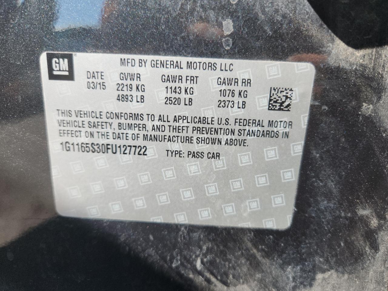 2015 Chevrolet Impala Ltz VIN: 1G1165S30FU127722 Lot: 85187305