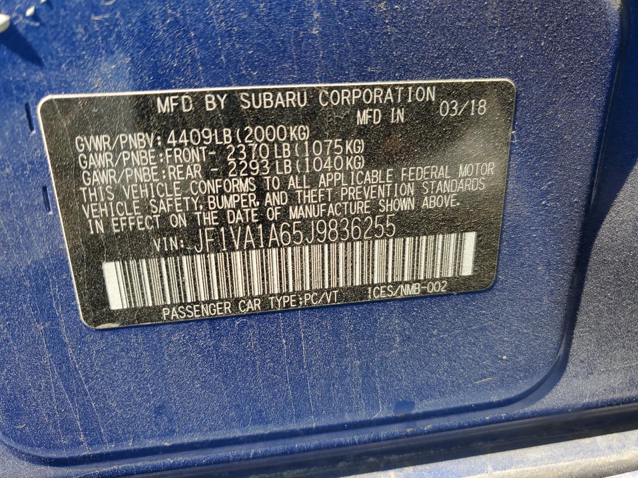 2018 Subaru Wrx VIN: JF1VA1A65J9836255 Lot: 85376715