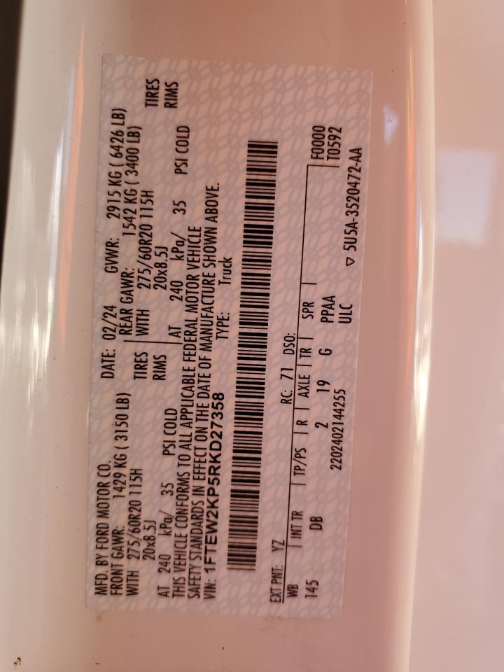 2024 Ford F150 Stx VIN: 1FTEW2KP5RKD27358 Lot: 85898505