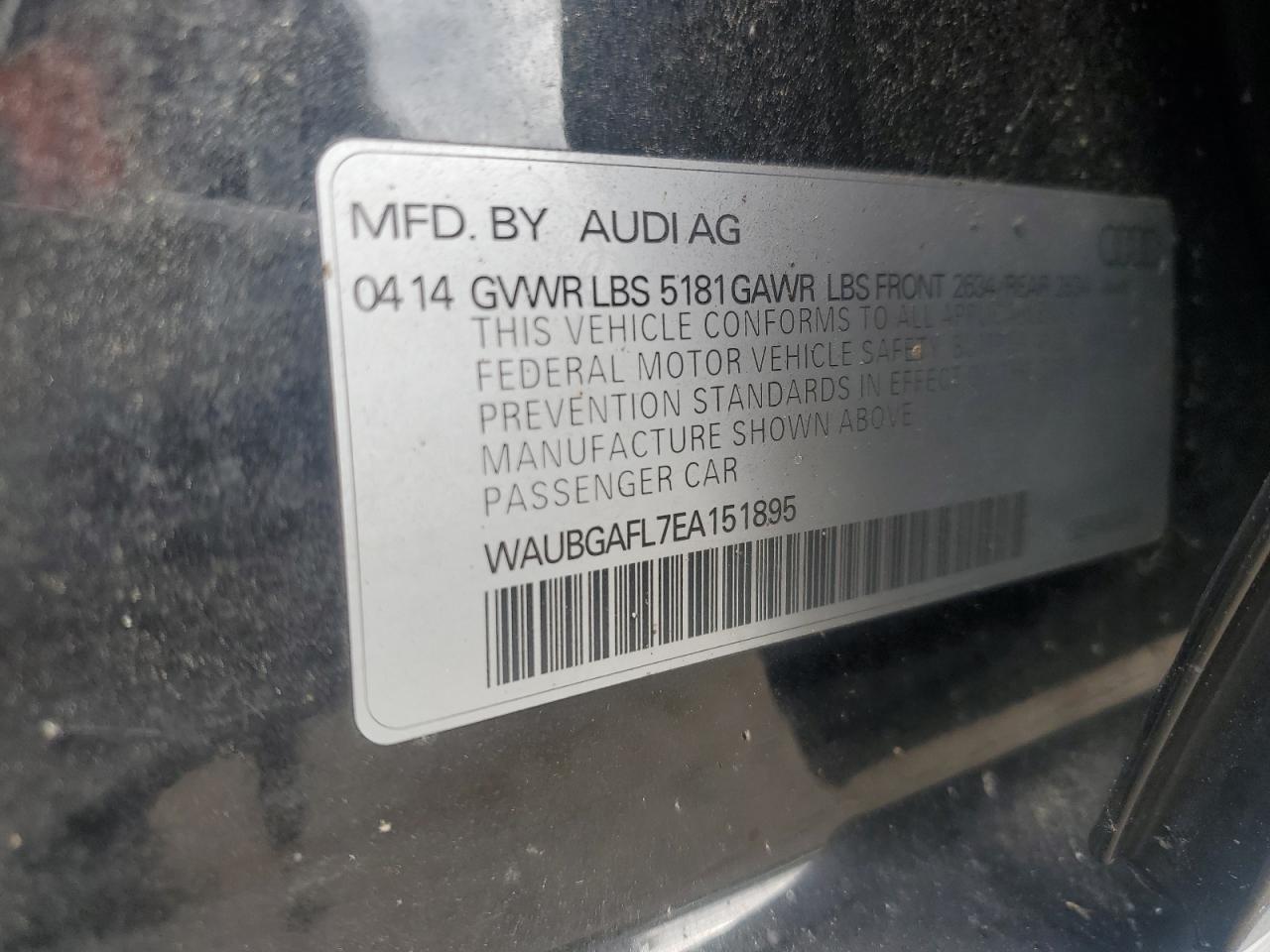 2014 Audi S4 Premium Plus VIN: WAUBGAFL7EA151895 Lot: 86882975