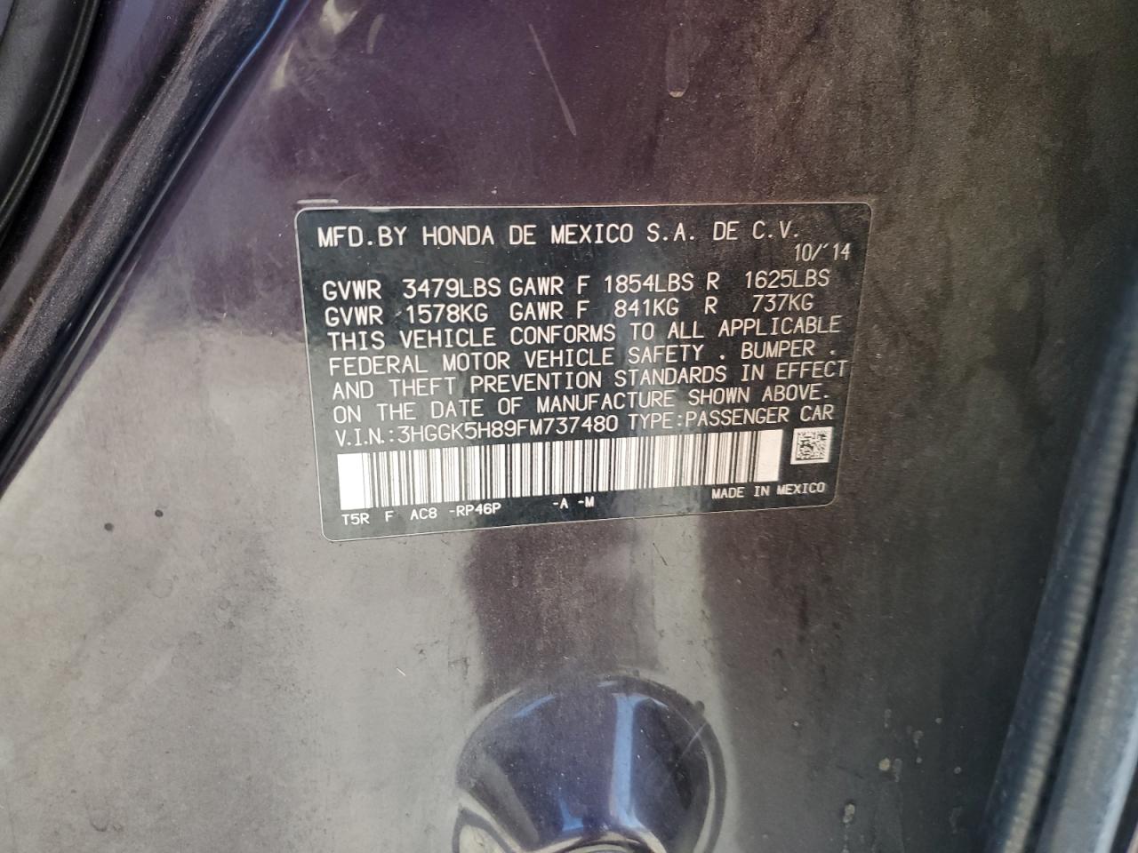 2015 Honda Fit Ex VIN: 3HGGK5H89FM737480 Lot: 89886225
